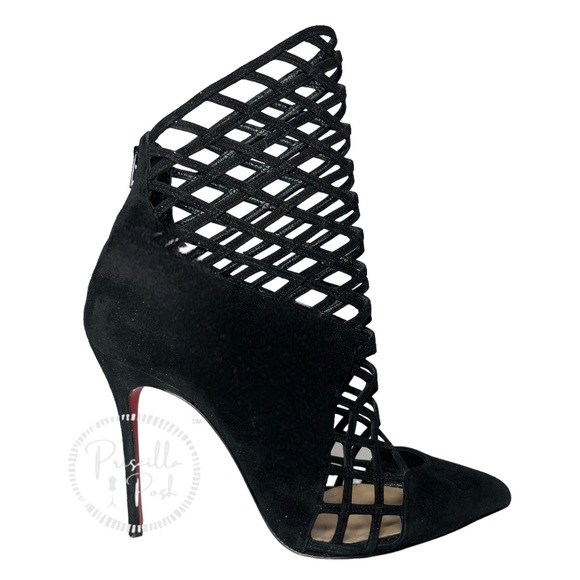 Christian Louboutin Black Suede Pointed Toe Ankle Boots Cutout Stiletto Heel 37 - Picture 5 of 16